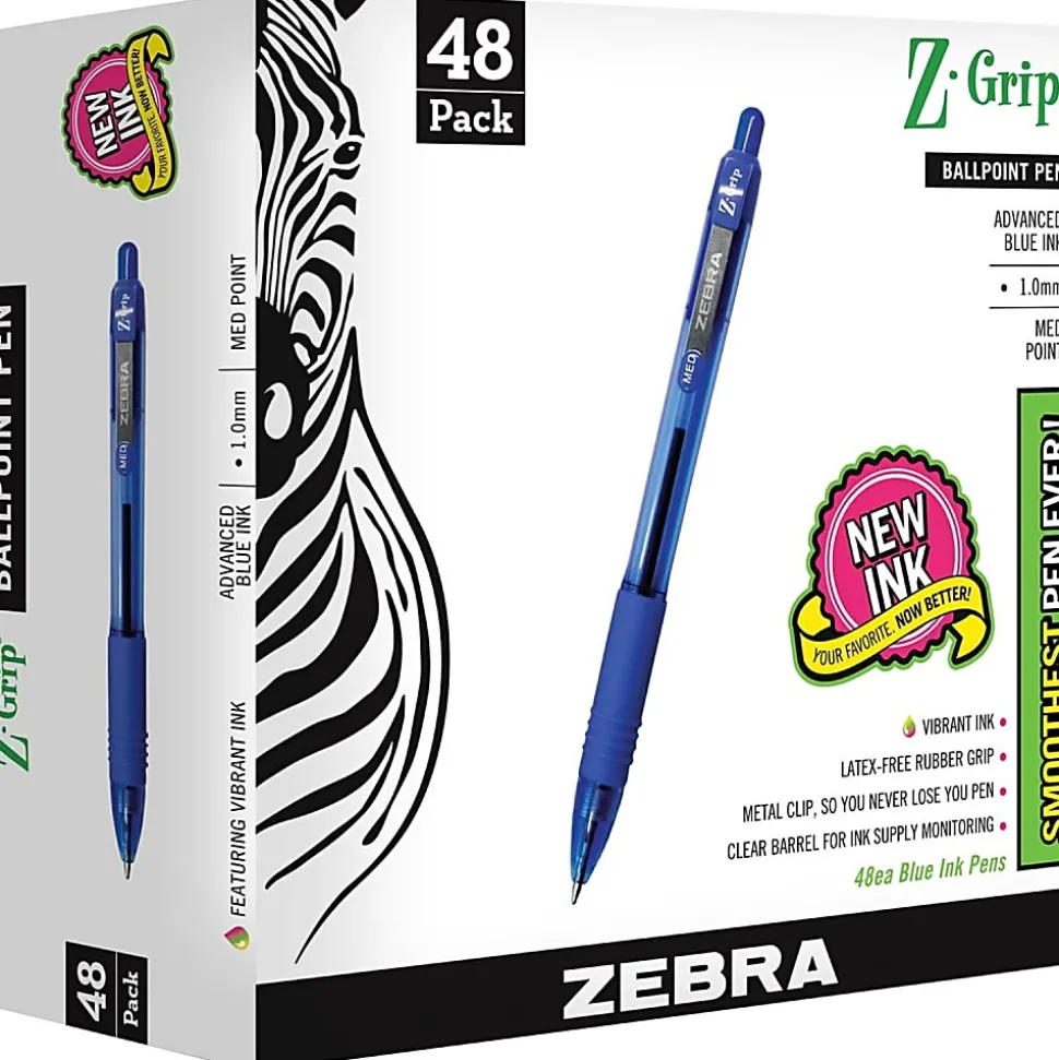 Zebra® Pen Z-Grip® Retractable Ballpoint Pens, Pack Of 48, Medium Point, 1.0 mm, Blue Barrel, Blue Ink