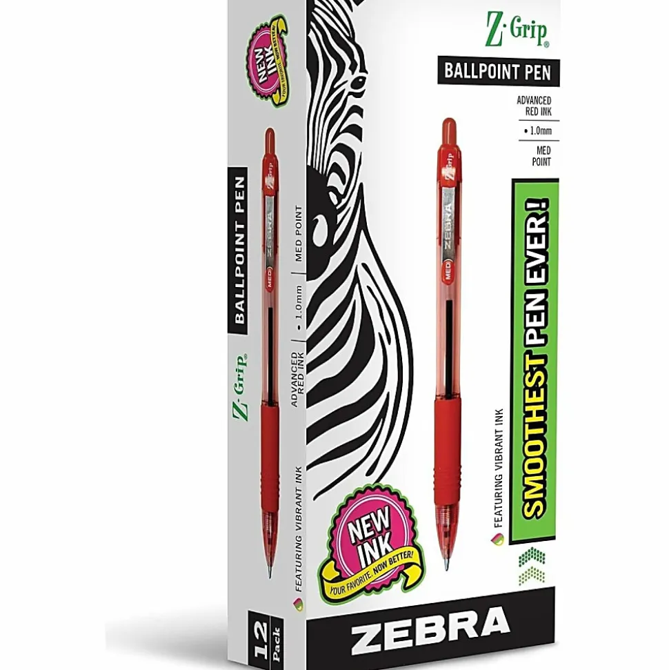 Zebra® Pen Z-Grip® Retractable Ballpoint Pens, Pack Of 12, Medium Point, 1.0 mm, Red Barrel, Red Ink