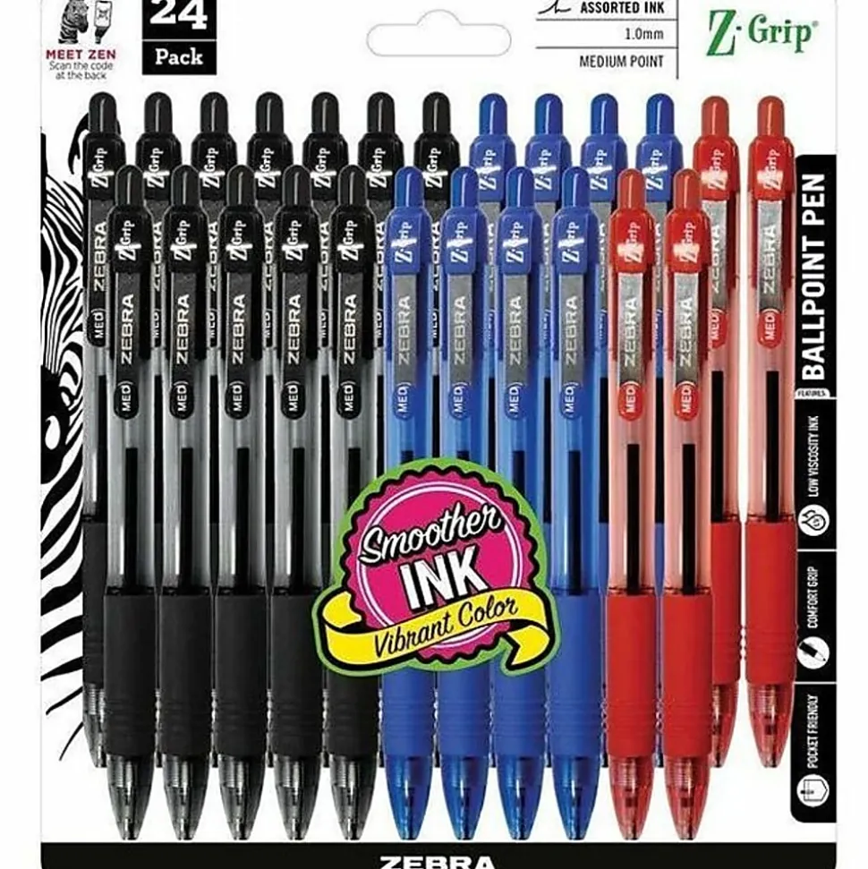 Zebra® Pen Z-Grip® Retractable Ballpoint Pens, Pack Of 24, Medium Point, 1.0 mm, Translucent Barrel, Assorted Ink Colors