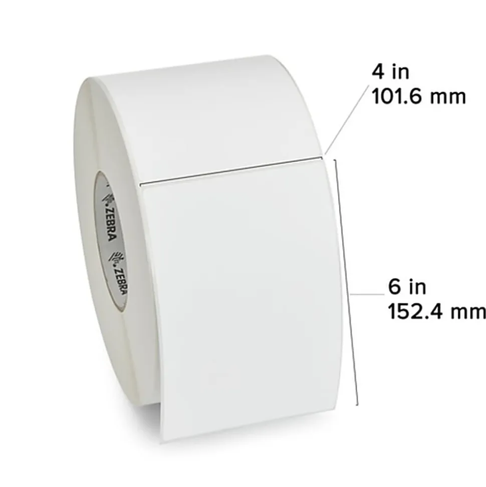 Zebra Thermal Transfer Label Paper, F58790, Rectangle, 4" x 6", White, 1,000 Labels Per Roll, Pack Of 4 Rolls